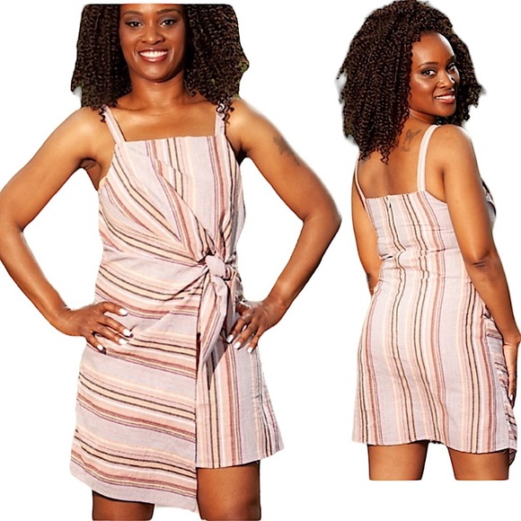 Pinch Tie Front Sleeveless Mini Summer Dress in Multi Purple Stripes Size Large - Picture 1 of 12